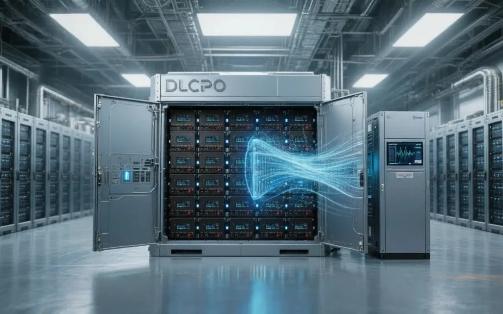 DLCPO rack-mount LiFePO4 battery system with Active Balancing BMS technology for telecom and UPS backup.