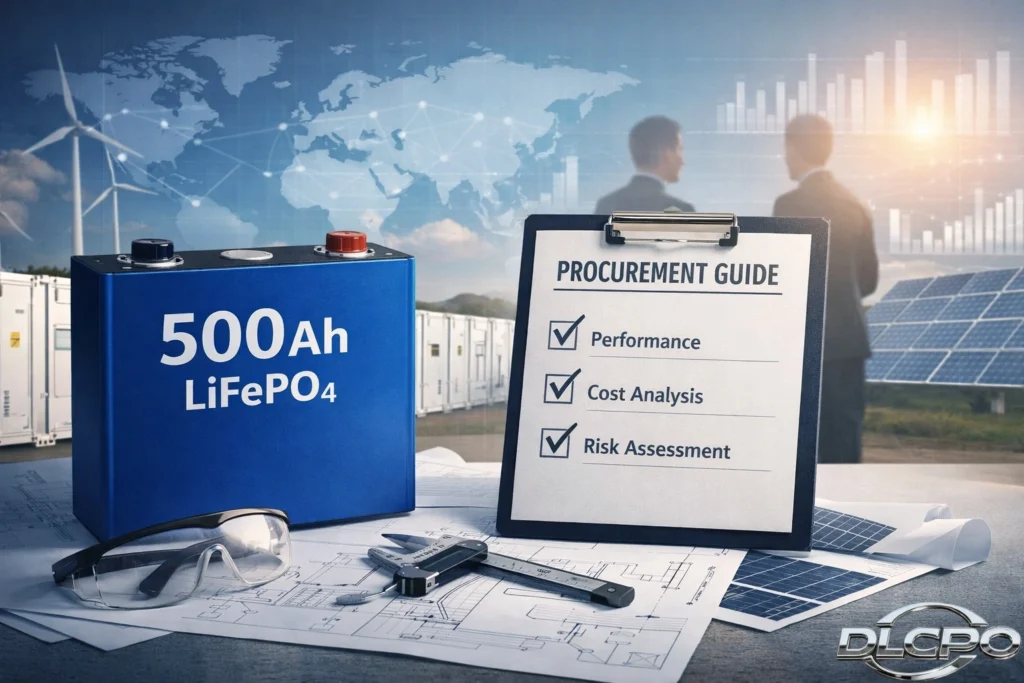 A professional guide cover for the 500Ah LiFePO4 battery procurement white paper by DLCPO.