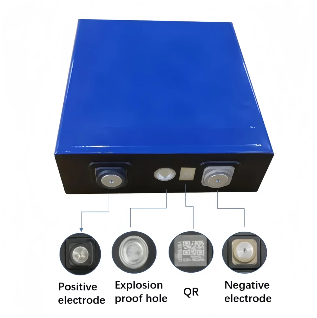 Top view of a fresh CALB L173F120A 120Ah LiFePO4 cell with annotations for positive/negative electrodes, explosion-proof hole, and traceable factory QR code.
