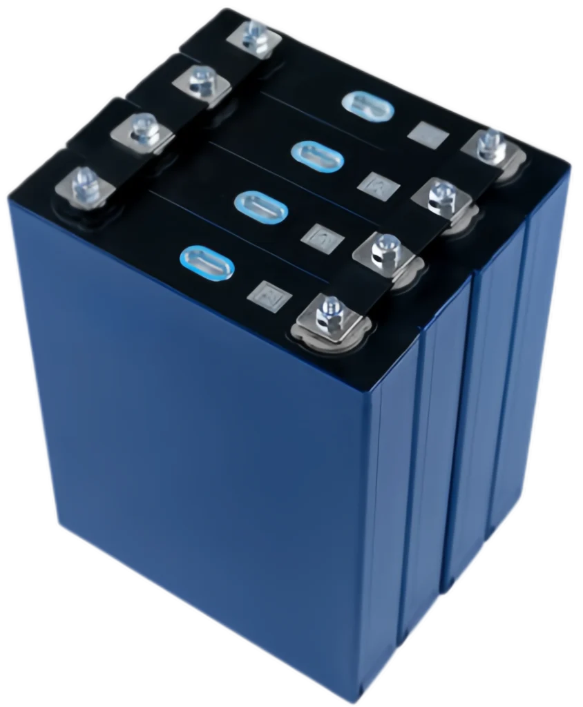 Four fresh Grade A CALB L173F163 163Ah LiFePO4 prismatic cells connected with flexible busbars and nuts, featuring the original blue aluminum shell and intact QR codes.