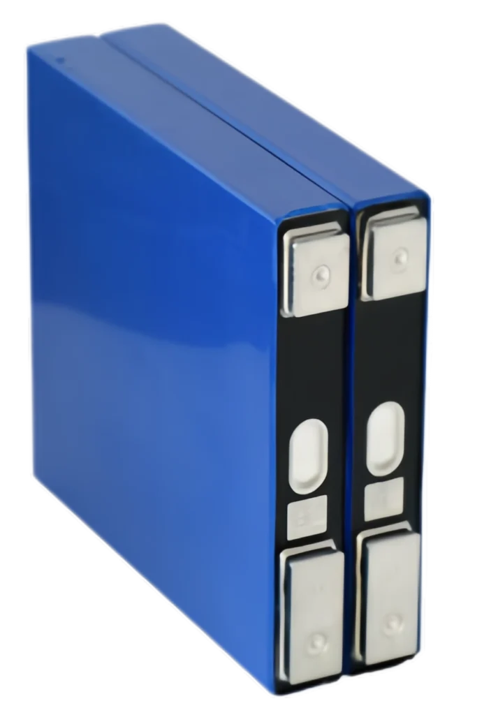 Four genuine freshly produced Grade A CALB L173F72 72Ah NMC prismatic cells connected with flexible copper busbars and nuts, featuring the original blue aluminum shell and intact traceable QR codes.