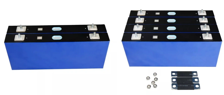 High-quality product photo of fresh CALB L300F177A Grade A LiFePO4 cells with busbars and nuts, featuring the original blue aluminum shell and laser-welded studs for reliable energy storage builds.