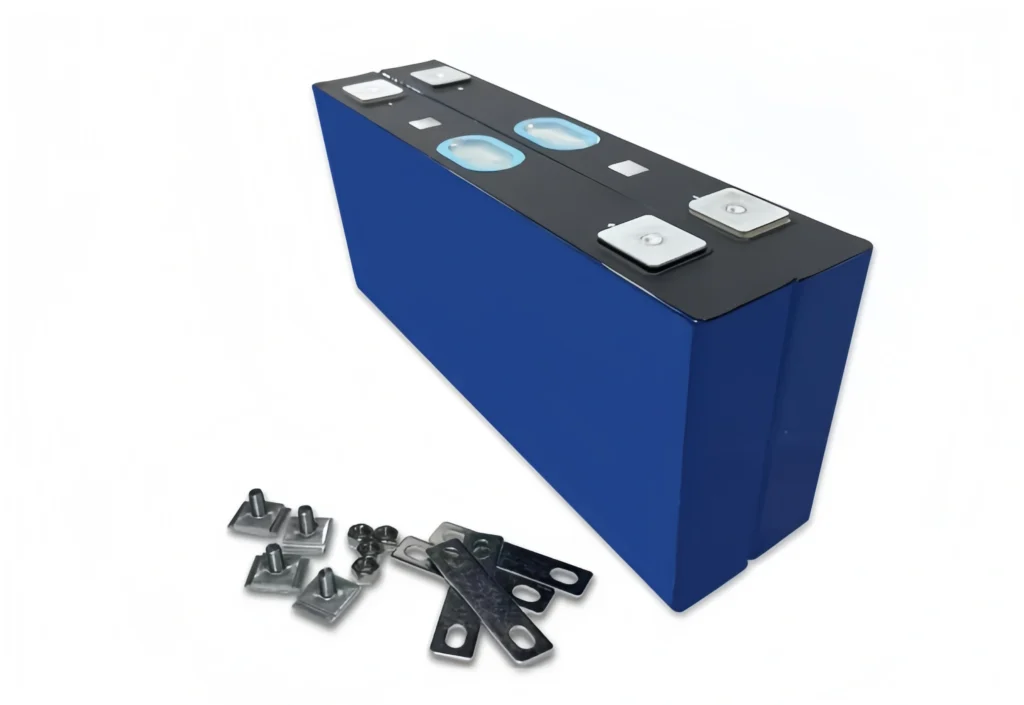 Authentic product photo of fresh CALB L300N218A Grade A 218Ah NMC prismatic cells with customized busbars, studs, and nuts for professional high-density battery pack assembly.