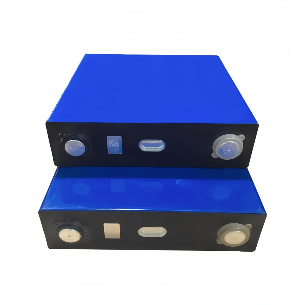 Real-world visual of two blue Grade A CATL 120Ah LiFePO4 prismatic cells with original factory markings and intact QR codes.