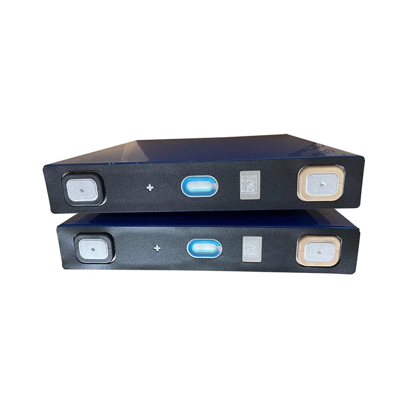 Real photo of two blue CATL 150Ah Grade A fresh LiFePO4 prismatic cells stacked, highlighting the high-quality terminals and QR code for traceability.