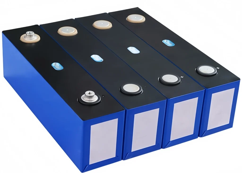 Visual of four blue Grade A CATL 161Ah LiFePO4 prismatic battery cells with original factory terminals and scannable QR codes.