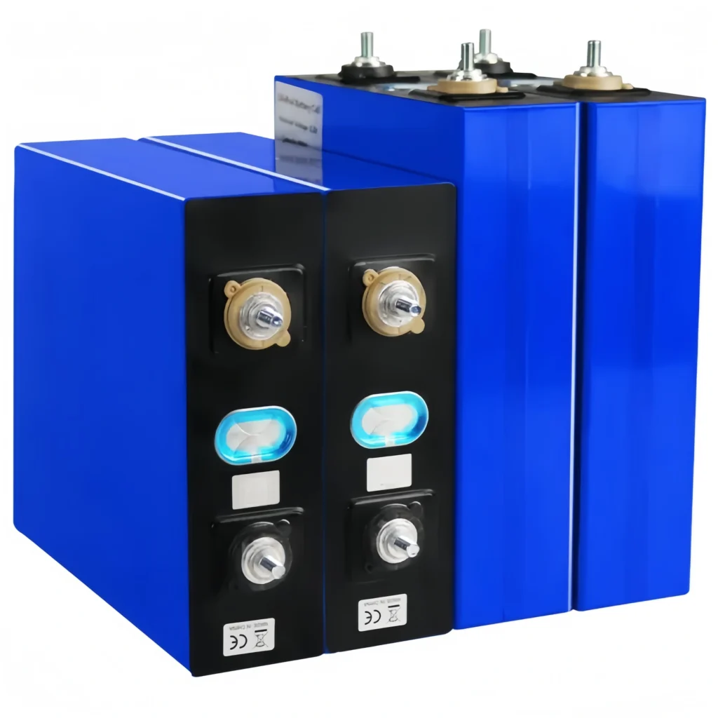 Professional visual of four blue Grade A CATL 176Ah LiFePO4 prismatic battery cells with original factory markings and high-conductivity terminals.