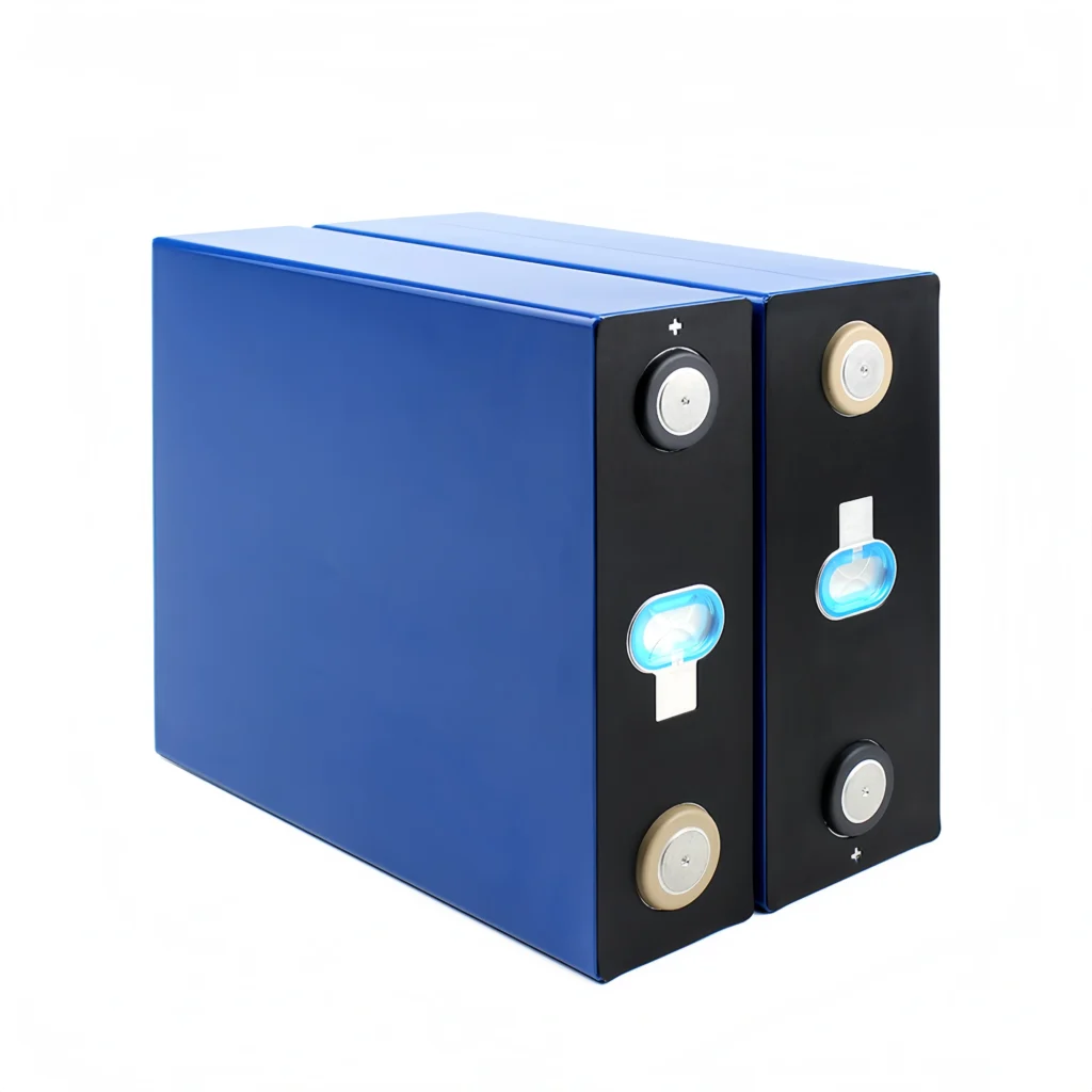 Pair of blue CATL 280Ah LiFePO4 battery cells with robust laser-welded M6 studs and intact factory QR codes.