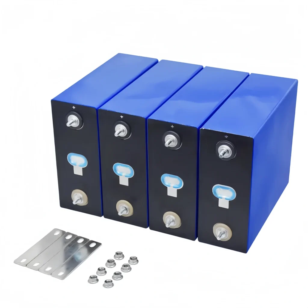 Four blue Grade A CATL 314Ah LiFePO4 prismatic cells with high-quality busbars and nuts for 12V or 48V battery bank assembly.