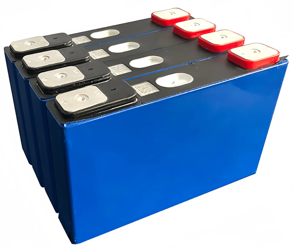 Cluster of four blue Grade A CATL 50Ah NCM prismatic battery cells with original factory QR codes and protective terminal caps.