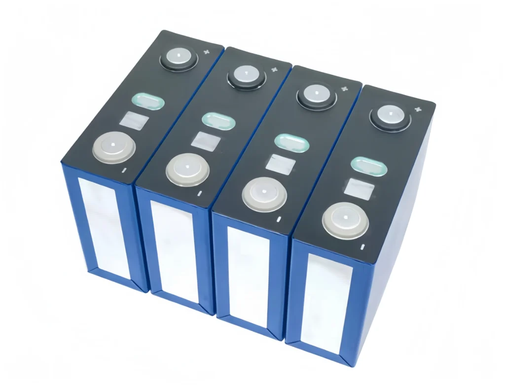 Group of four blue CATL ND117 117Ah LiFePO4 prismatic battery cells with intact factory QR codes and premium finish.