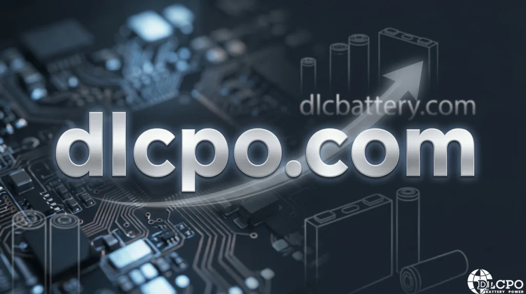 DLCPO.com new domain homepage with futuristic circuit and battery cell background, symbolizing the company's upgrade from dlcbattery.com to a streamlined global platform for LFP, NCM, and LTO battery solutions.