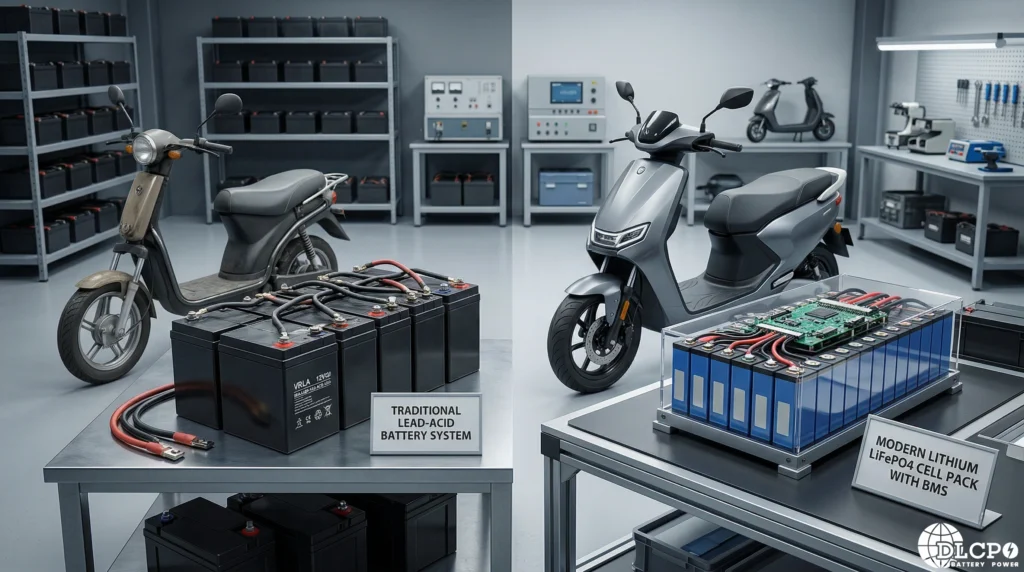 A comparison showing traditional lead-acid vs modern LiFePO4 cells, explaining the lithium battery overcapacity in the electric scooter market.