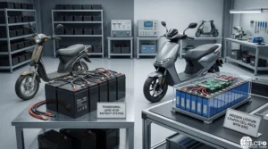 A comparison showing traditional lead-acid vs modern LiFePO4 cells, explaining the lithium battery overcapacity in the electric scooter market.