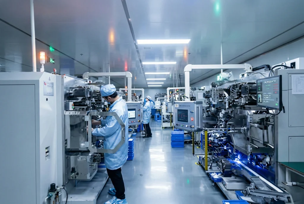 A wide-angle view of multiple automatic winding machines in operation within DLCPO's clean-room facility, demonstrating large-scale battery cell manufacturing capacity.