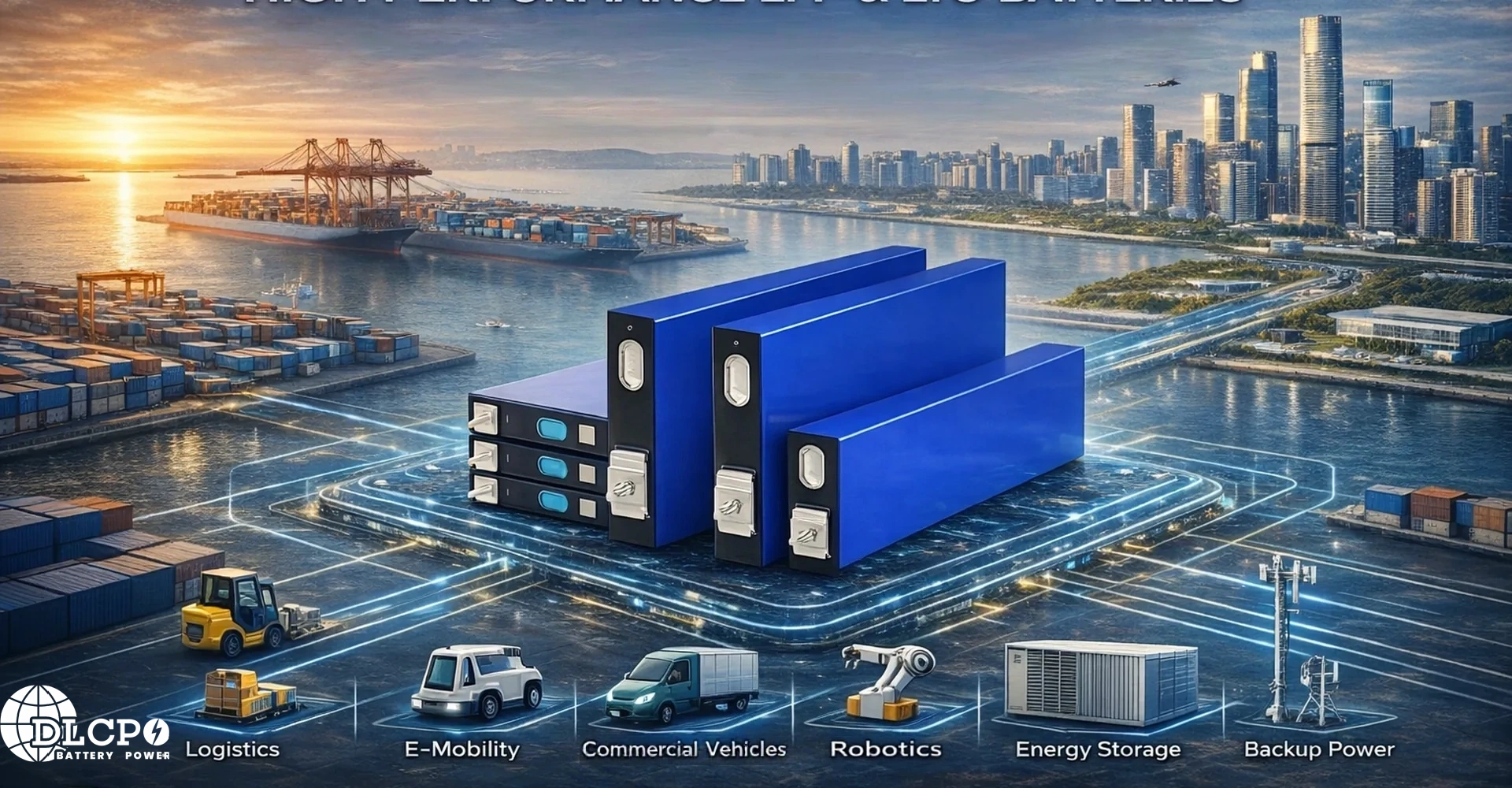 DLCPO high-performance LFP and LTO battery cells for industrial logistics, e-mobility, robotics, and energy storage systems in a futuristic city setting.