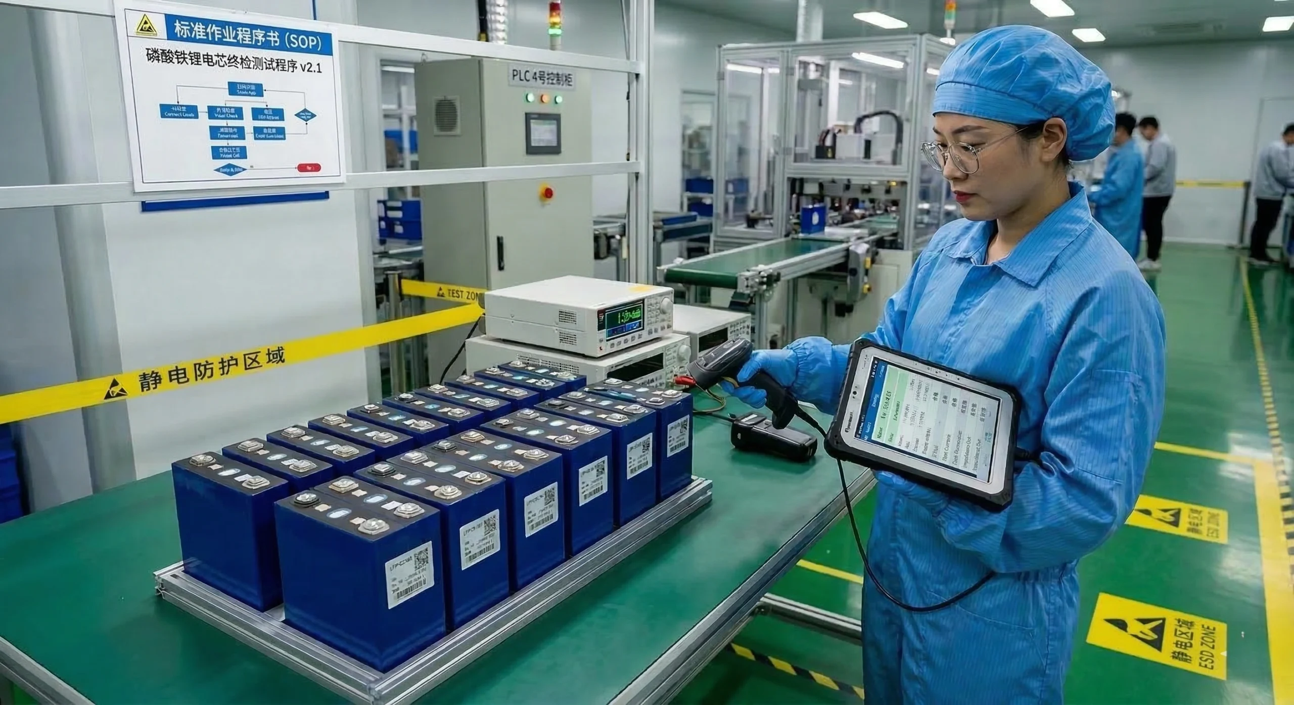 A technician at DLCPO conducting end-of-line testing for blue LiFePO4 battery cells using a digital tablet for full traceability in an ESD-protected cleanroom environment.