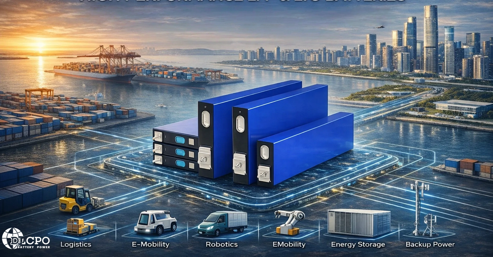 Industrial LFP and LTO lithium battery modules by DLCPO for ports, logistics, robotics and energy storage applications