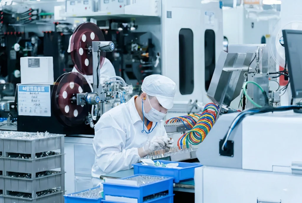 A technician at DLCPO factory performing precision assembly and quality inspection on battery components in a clean-room environment.