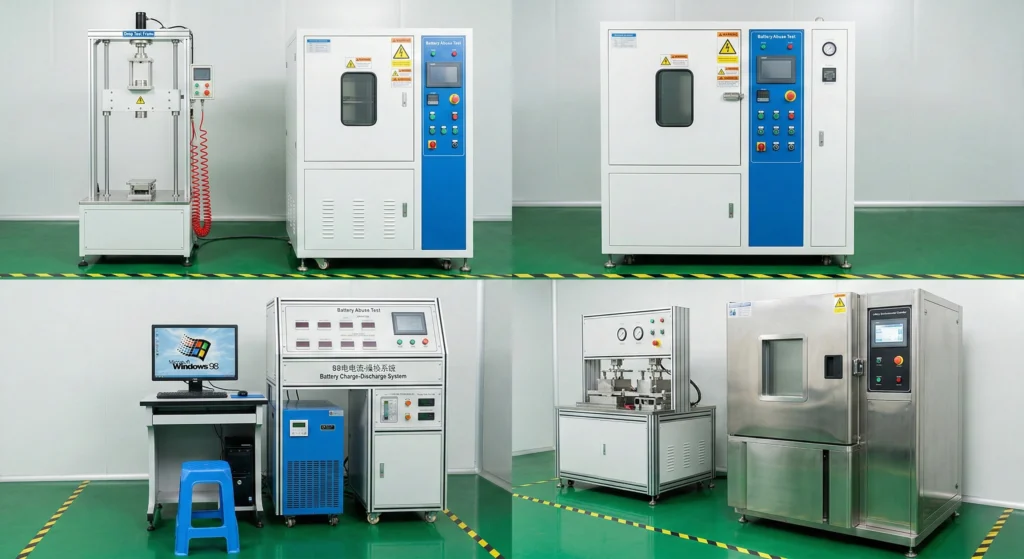 A suite of battery testing equipment including drop test stands and environmental chambers for quality validation at DLCPO factory.