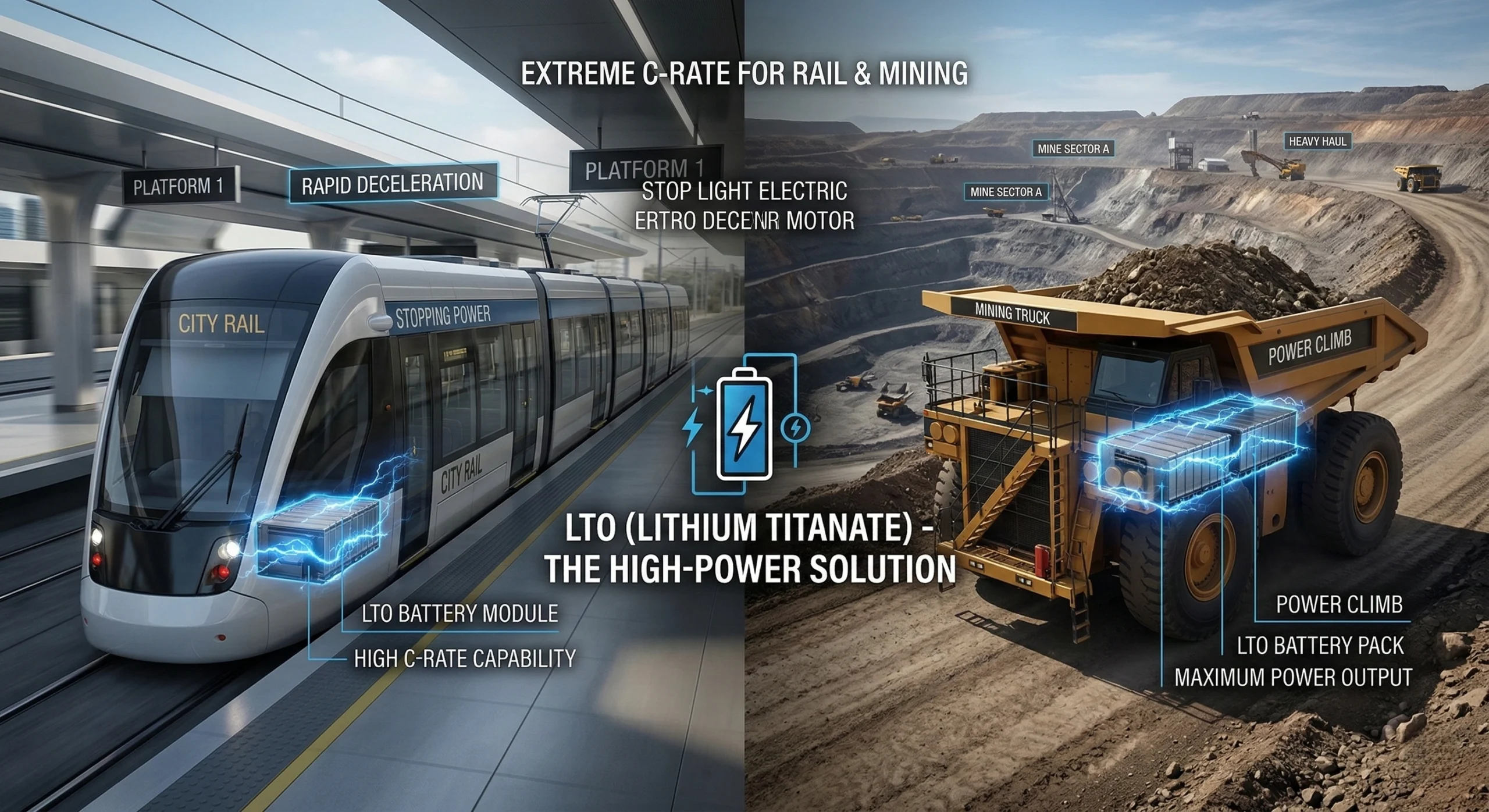 A modern urban light rail vehicle utilizing a high-power DLCPO LTO battery pack for rapid energy recuperation during braking and high-current boost during acceleration. Ideal for 24/7 heavy-duty industrial use.