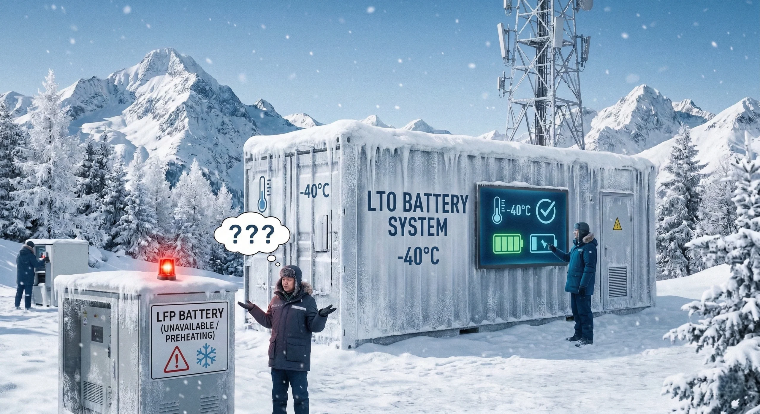 A DLCPO utility-scale LTO (Lithium Titanate) battery container deployed in a snowy, arctic environment. engineered to operate efficiently at -40°C without capacity degradation, ideal for high-latitude grid support.