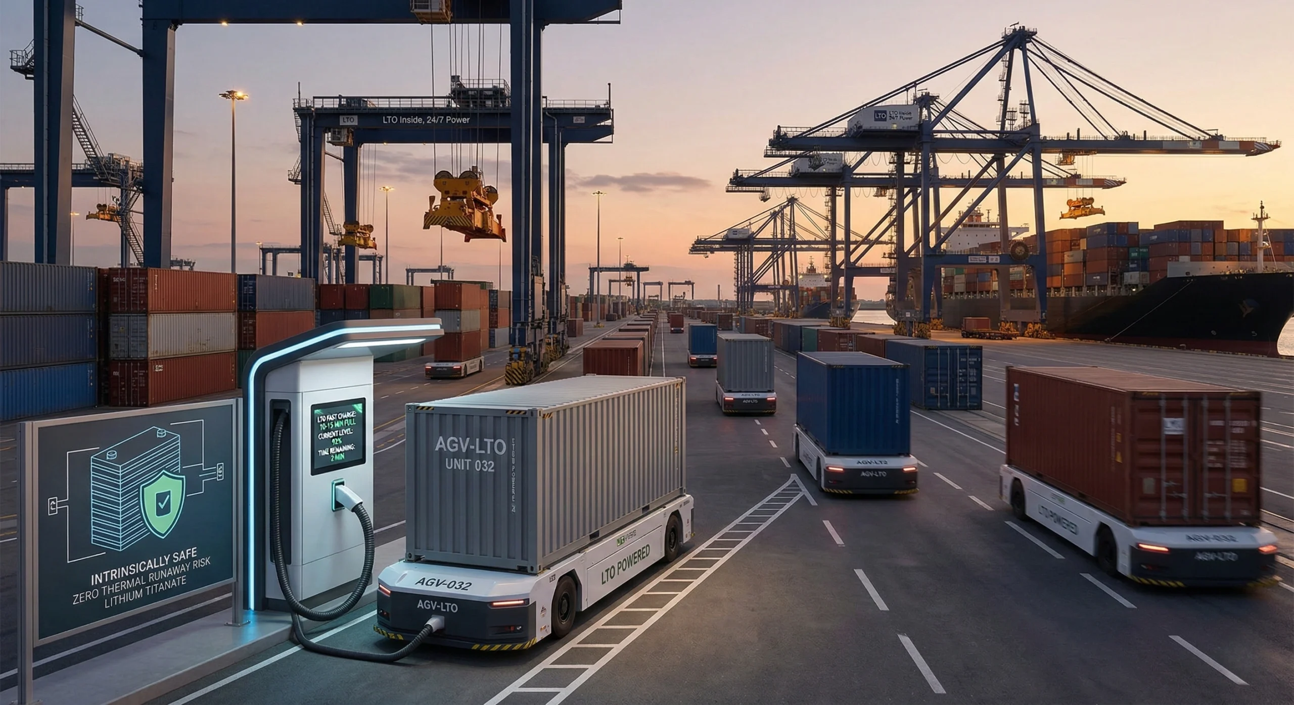A heavy-duty automated guided vehicle (AGV) at a busy port, powered by a robust DLCPO LTO battery pack. Designed for 24/7 operation with fast charging in harsh, high-discharge industrial environments.