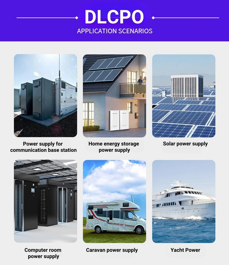 A composite showcase of DLCPO LFP battery applications for off-grid systems, including Communication Base Stations, Solar Power Supply, Computer Rooms, Caravan and Yacht Power. Powered by Grade A fresh LiFePO4 cells for 24/7 reliability in remote and harsh environments.