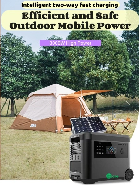 A DLCPO 3000W high-power portable power station featuring intelligent two-way fast charging. The image shows efficient and safe outdoor mobile power in a camping setup with a tent and solar panels, powered by Grade A fresh LFP battery cells for maximum cycle life.