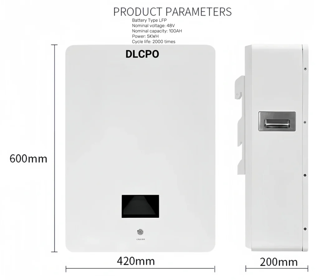 Technical parameters of DLCPO 48V 100Ah 5kWh home energy storage cabinet. Features Grade A LFP cells with 2000+ cycles. Dimensions: 600mm x 420mm x 200mm. Ideal for residential solar integration with professional BMS engineering.