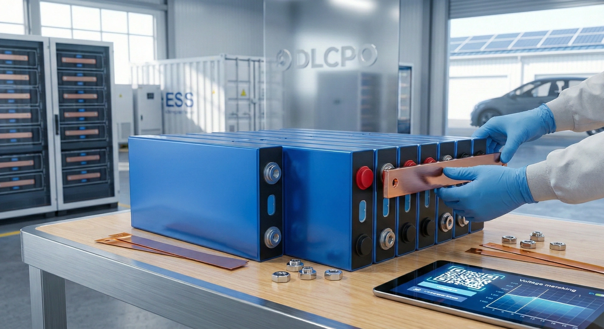 Professional assembly of Grade A blue prismatic LiFePO4 battery cells with copper busbars on a technical workstation at DLCPO warehouse.