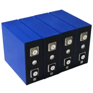 Four blue Grade A ETC 176Ah LiFePO4 prismatic battery cells with high-precision terminals and scannable factory QR codes for golf cart upgrades.