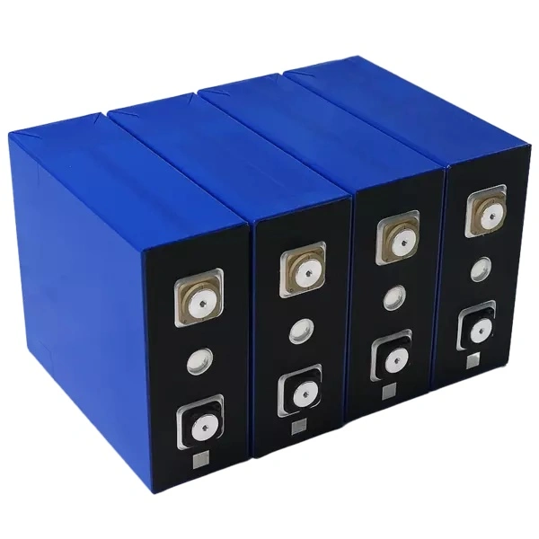 Four blue Grade A ETC 176Ah LiFePO4 prismatic battery cells with high-precision terminals and scannable factory QR codes for golf cart upgrades.