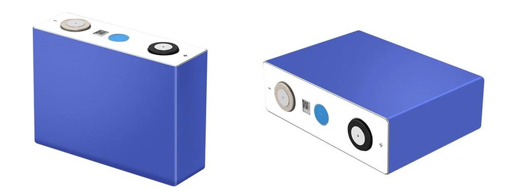 Professional display of EVE LF100MA Grade A fresh LiFePO4 prismatic battery cells in both standing and lying positions, showcasing the premium blue aluminum casing and QR code location for full traceability.