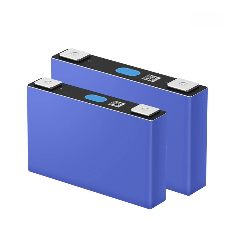 A professional product shot of two EVE LF32 Grade A fresh LiFePO4 prismatic battery cells stacked, highlighting the original blue aluminum shell and clear QR codes for verified traceability.