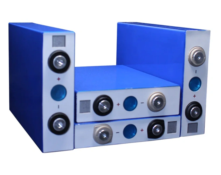 Professional product shot of EVE LF80 Grade A fresh LiFePO4 prismatic cells in both standing and horizontal positions, highlighting the original blue aluminum shell and QR code for traceability.