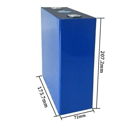 Detailed mechanical blueprint of EVE MB30 306Ah LiFePO4 prismatic cell showing dimensions: $173.7 \pm 0.5$ mm length, $207.2 \pm 0.5$ mm total height, and $71.7 \pm 0.5$ mm thickness with $123.0 \pm 0.5$ mm terminal center distance.