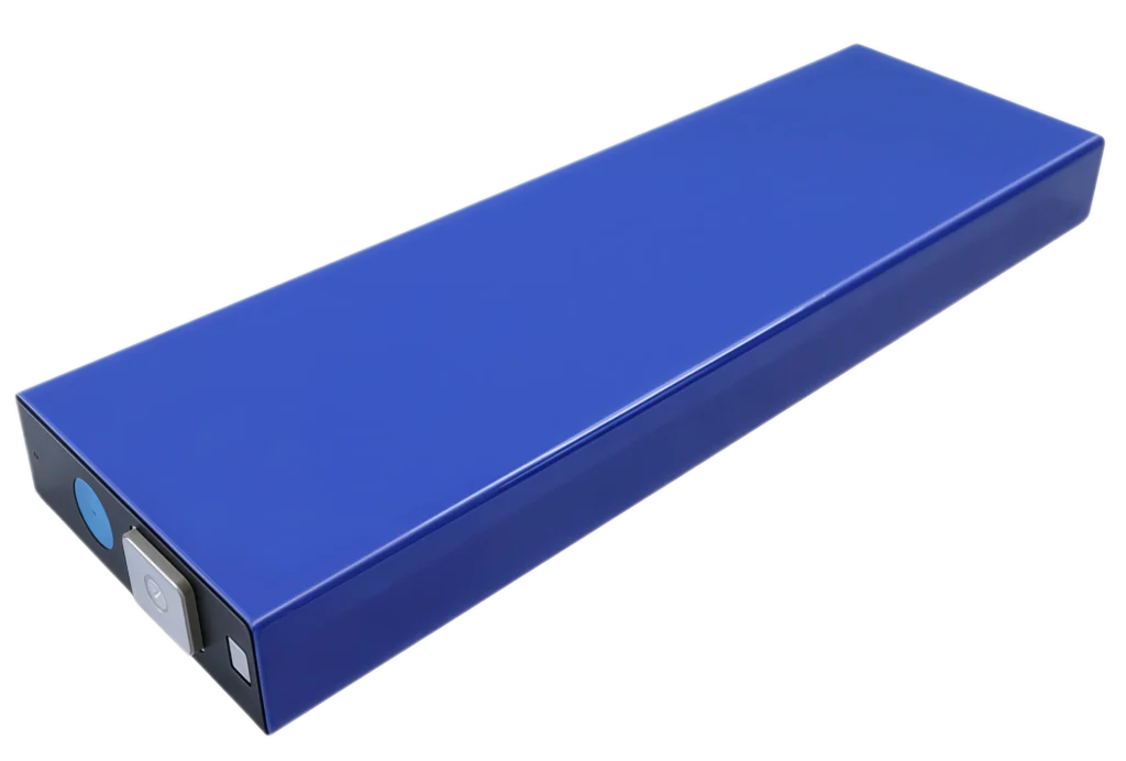 High-quality product photo of a fresh EVE V21 Grade A LiFePO4 prismatic battery cell, featuring its unique long-form blue aluminum shell for compact, high-energy configurations.