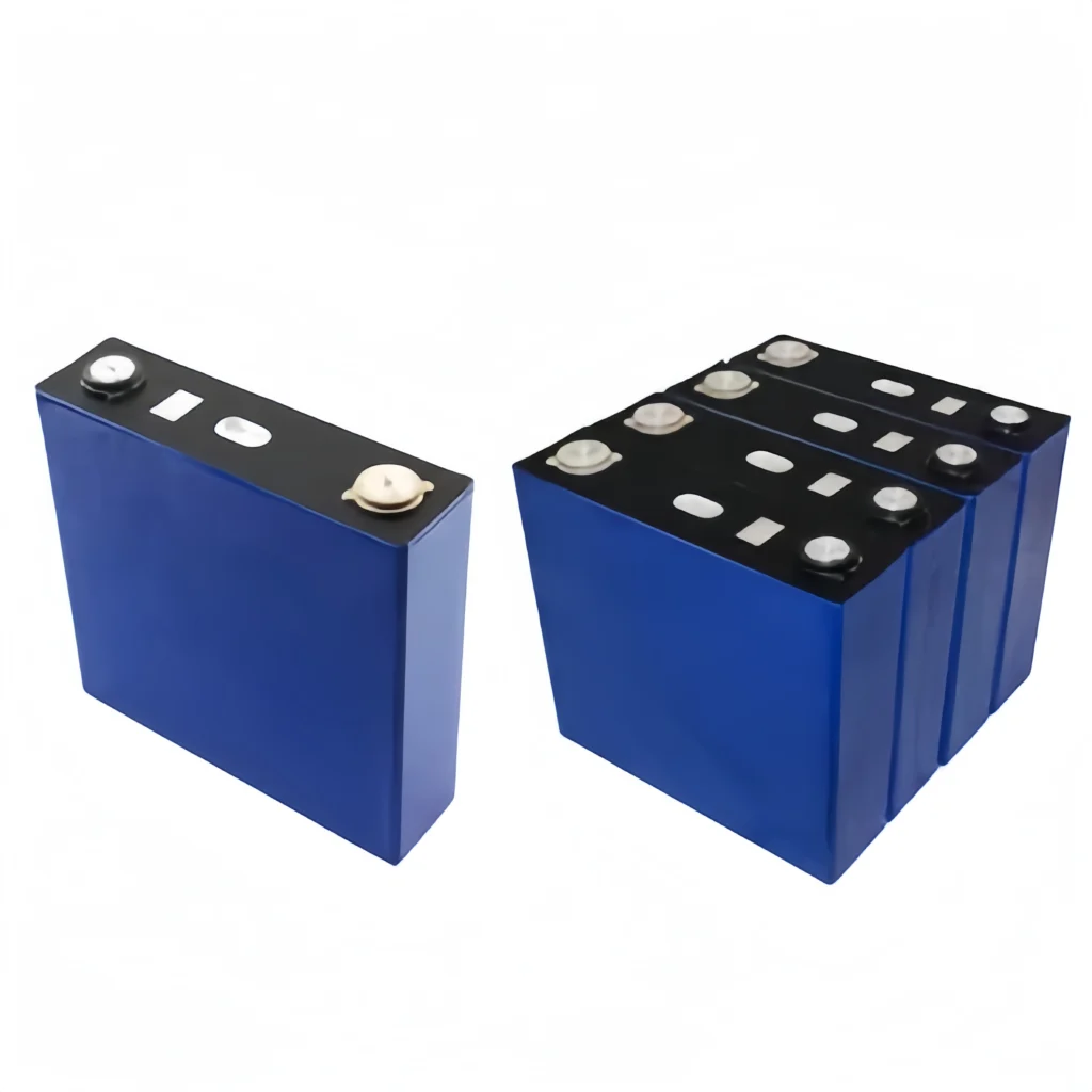 Group of blue Grade A Gotion 104Ah LiFePO4 prismatic cells arranged for solar storage and RV battery bank assembly.