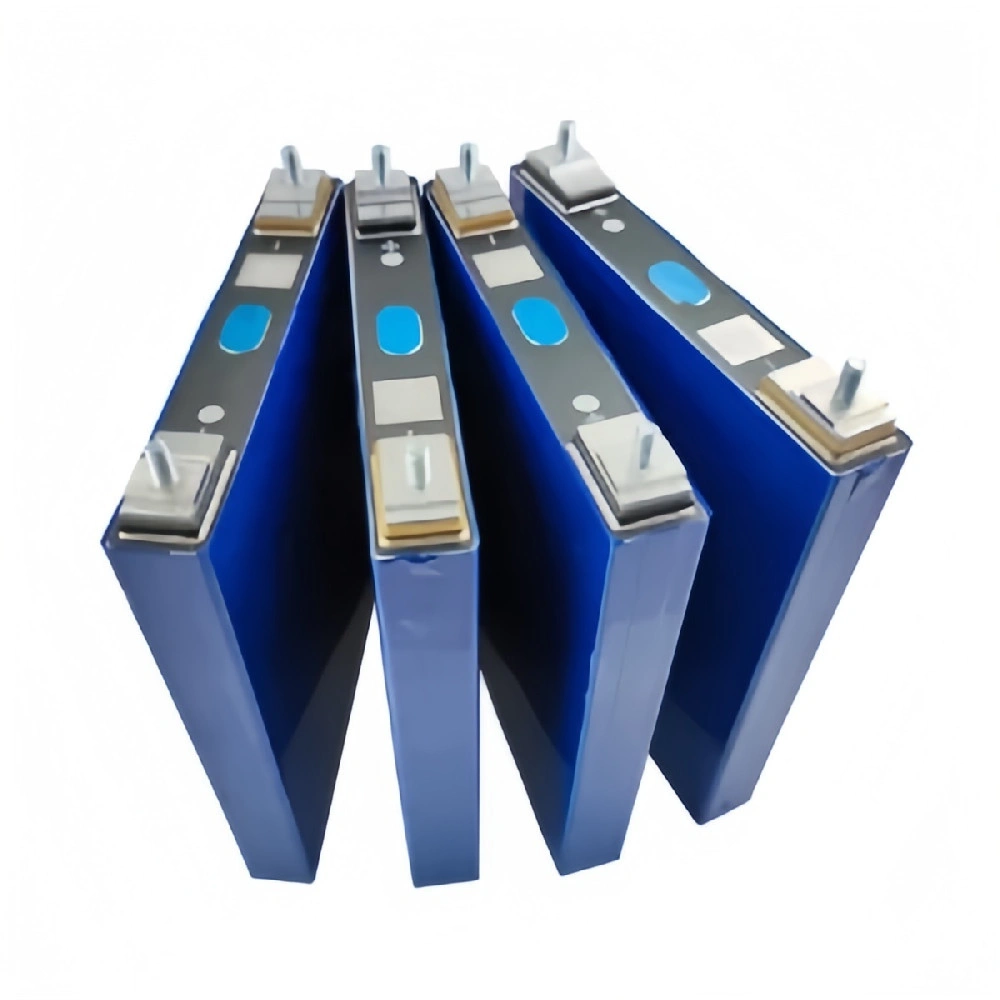 Group of four blue Grade A Gotion 40Ah LiFePO4 prismatic cells with factory laser-welded M6 studs for high-conductivity connections.