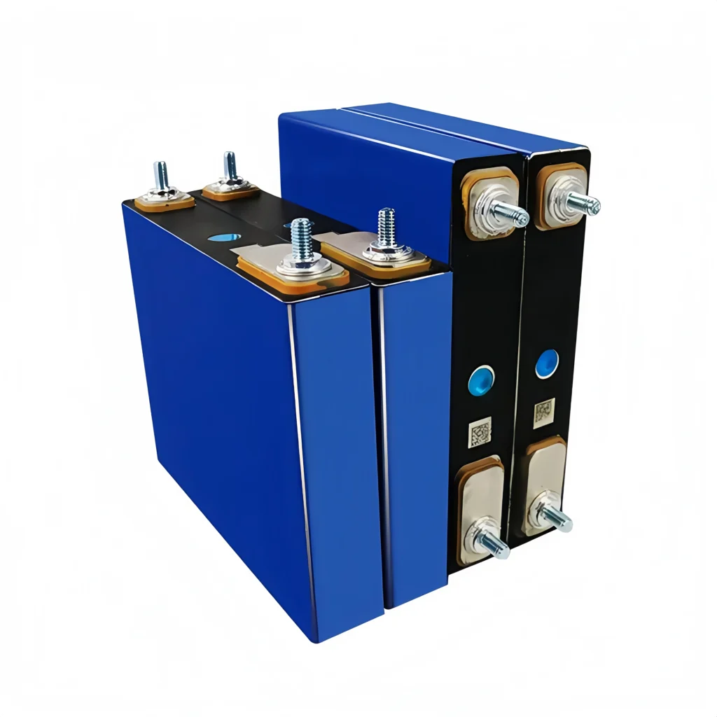 Four blue Grade A Gotion 52Ah LiFePO4 prismatic cells with factory-installed M6 laser-welded studs and scannable QR codes for solar storage.