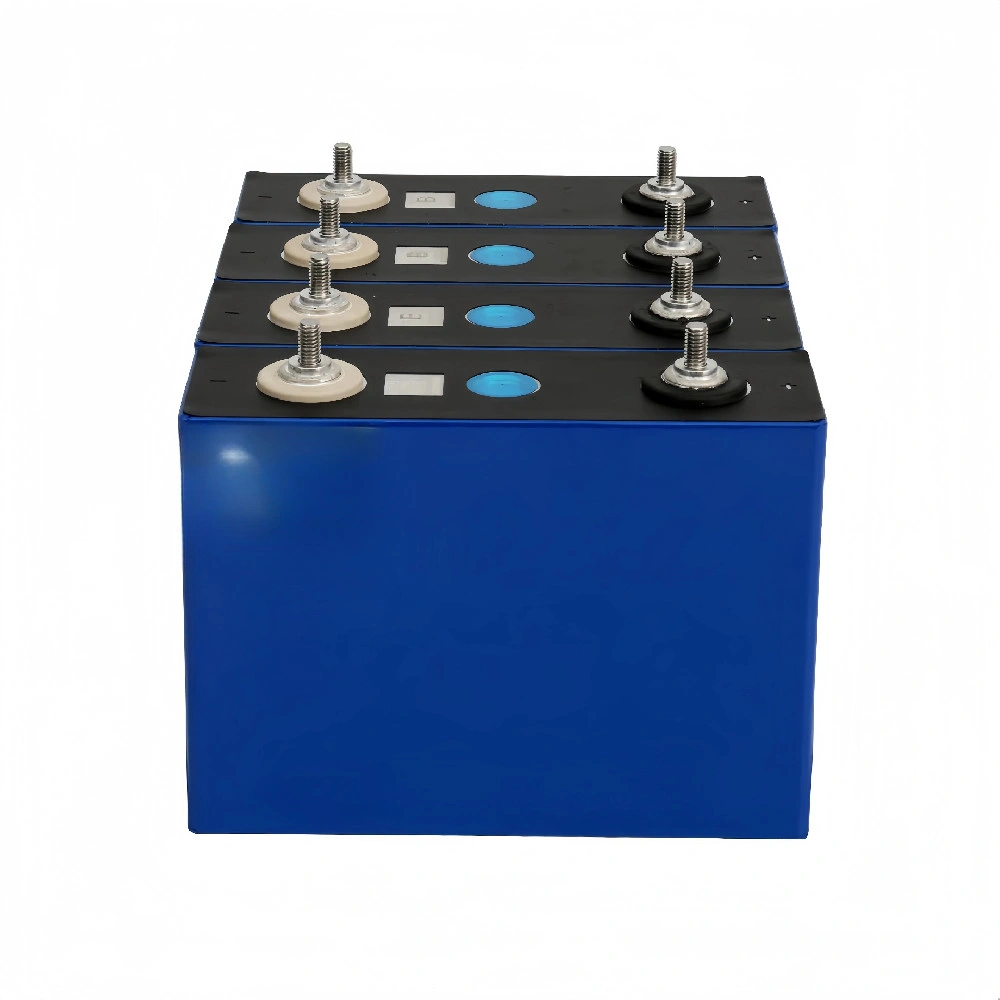 Four blue Grade A Great Power 135Ah LiFePO4 prismatic cells arranged for a 12.8V battery pack with factory-welded M6 studs.