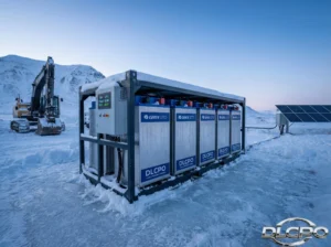 A DLCPO industrial GREE LTO battery storage system operating in an extreme sub-zero arctic environment at -45°C, featuring solar panels and heavy machinery.