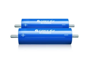 Two blue GREE Yinlong LTO 66160K 45Ah cylindrical battery cells with M12 screw terminals, offering 12.5 percent more runtime in the standard 66mm footprint.