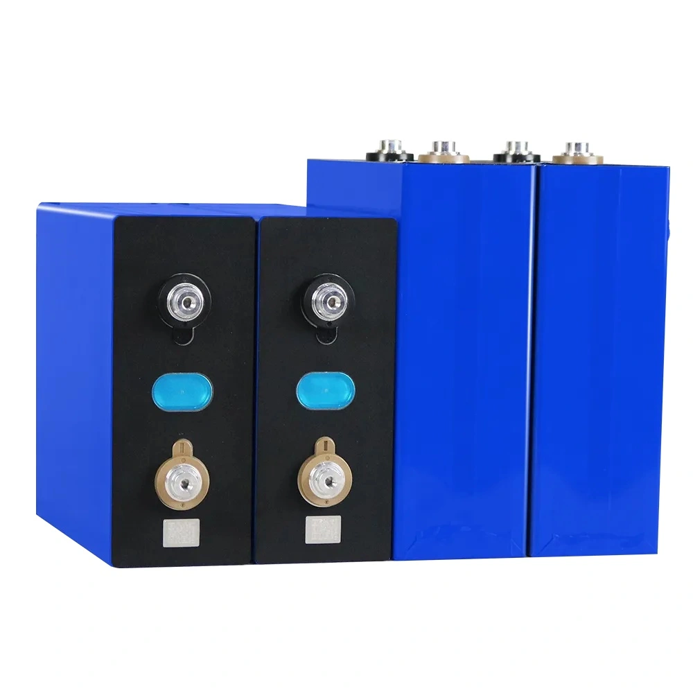 Group of blue Grade A Higee 280Ah LiFePO4 prismatic cells with laser-welded terminals and intact QR codes for DIY solar storage.