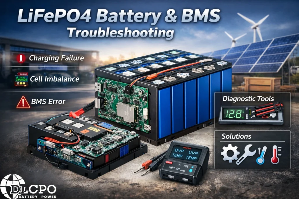 Professional LiFePO4 battery and BMS troubleshooting guide for industrial energy storage systems featuring DLCPO diagnostic tools for cell imbalance and charging failures.