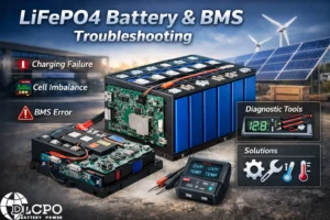 Professional LiFePO4 battery and BMS troubleshooting guide for industrial energy storage systems featuring DLCPO diagnostic tools for cell imbalance and charging failures.