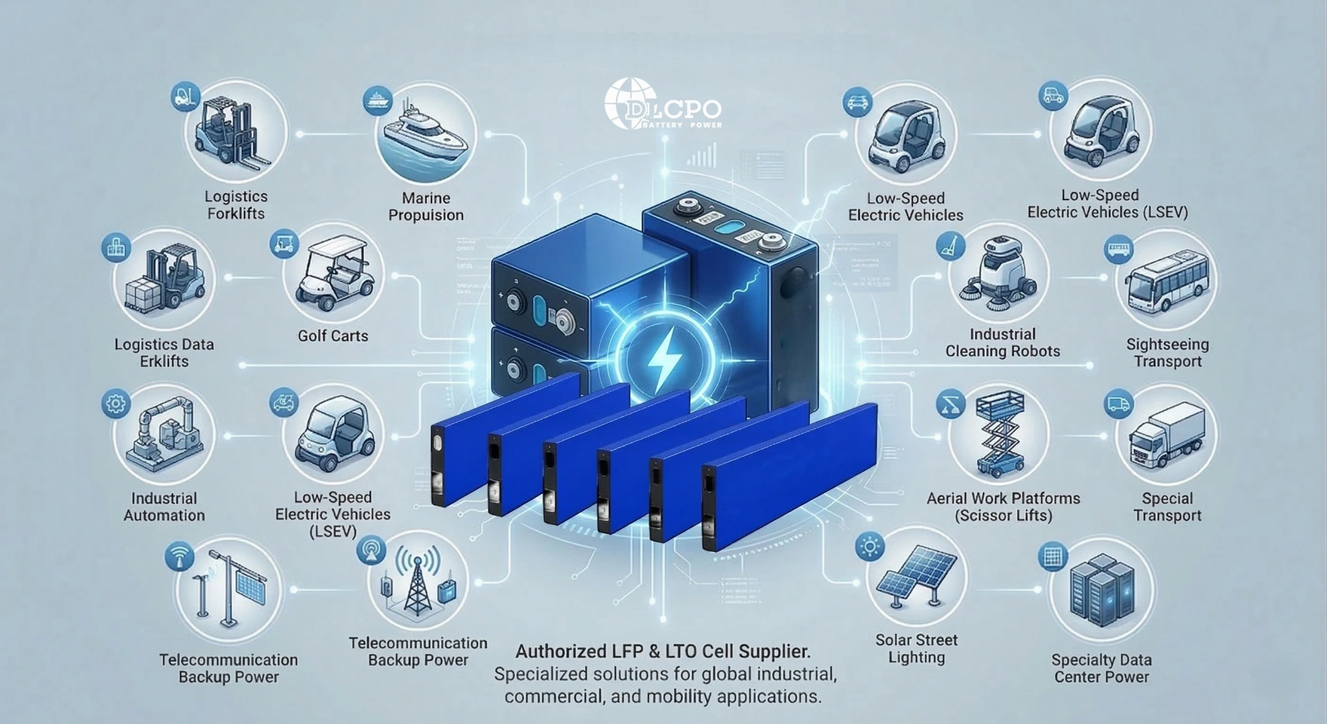 Infografía de DLCPO en la que se muestran las aplicaciones especializadas de las células de batería LiFePO4 y LTO, como carretillas elevadoras para logística, propulsión marina, carritos de golf, LSEV, robots de limpieza industrial y energía de reserva para telecomunicaciones.