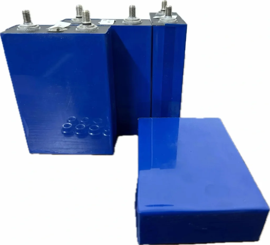 Group of blue Grade A Lishen 12.5Ah LiFePO4 prismatic cells with factory-installed M6 threaded studs for easy portable pack assembly.