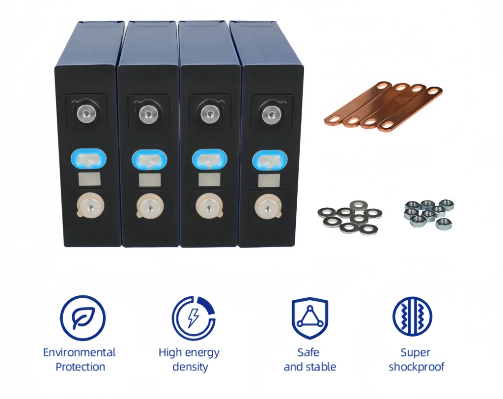 Four blue Grade A Lishen 150Ah LiFePO4 prismatic cells displayed with high-quality copper busbars, washers, and nuts for professional battery bank assembly.